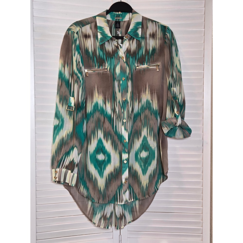 Chico's Black Label Map Print Woven Top 1 M Ethereal Jade Ikat Roll Tab Blouse